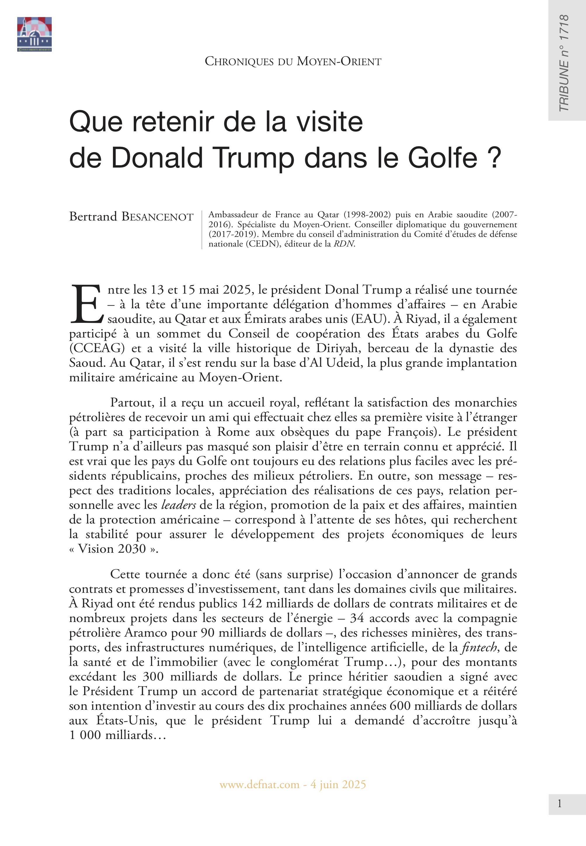 Chroniques du Moyen-Orient – Que retenir de la visite de Donald Trump dans le Golfe ? (T 1718)

